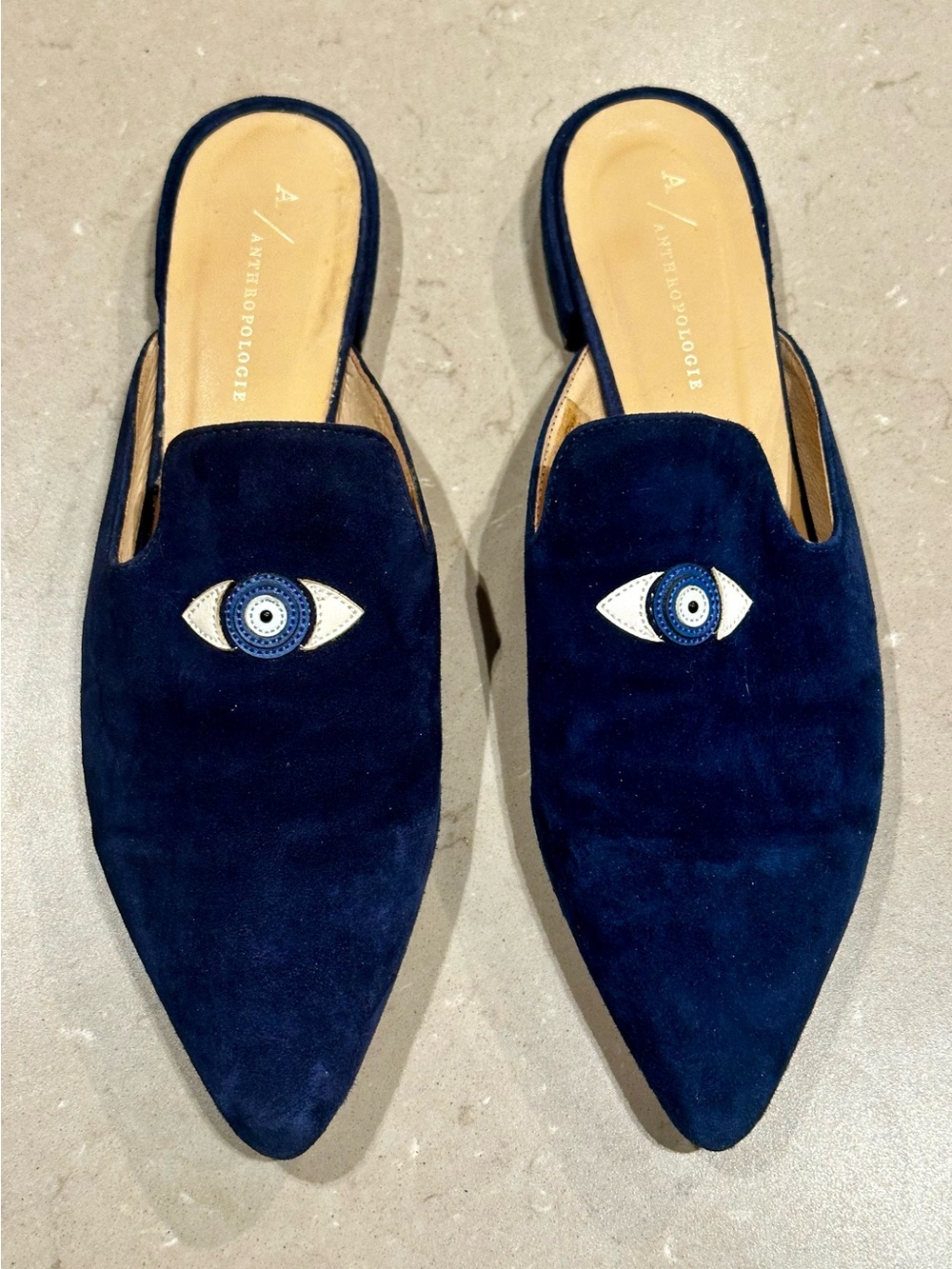 Anthropologie Navy Suede Evil Eye Pointed Toe Mules Slides Flats EU 38 Spain